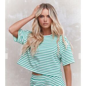 Missguided White & Green Striped Cropped Tee - Size S